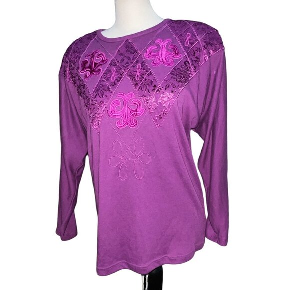 Vintage Cervelle Embroidered Patch Front Crew Neck Blouse Sz Small Womens Purple - Picture 6 of 10